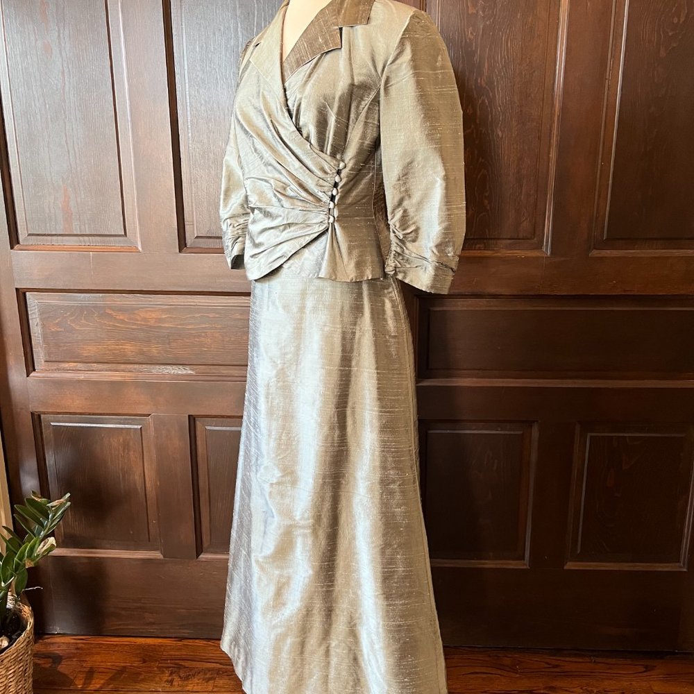 Watters Vintage Dupioni Silk Skirt Set Green Maxi Formal Mother of Bride Sz 6 - Picture 4 of 13